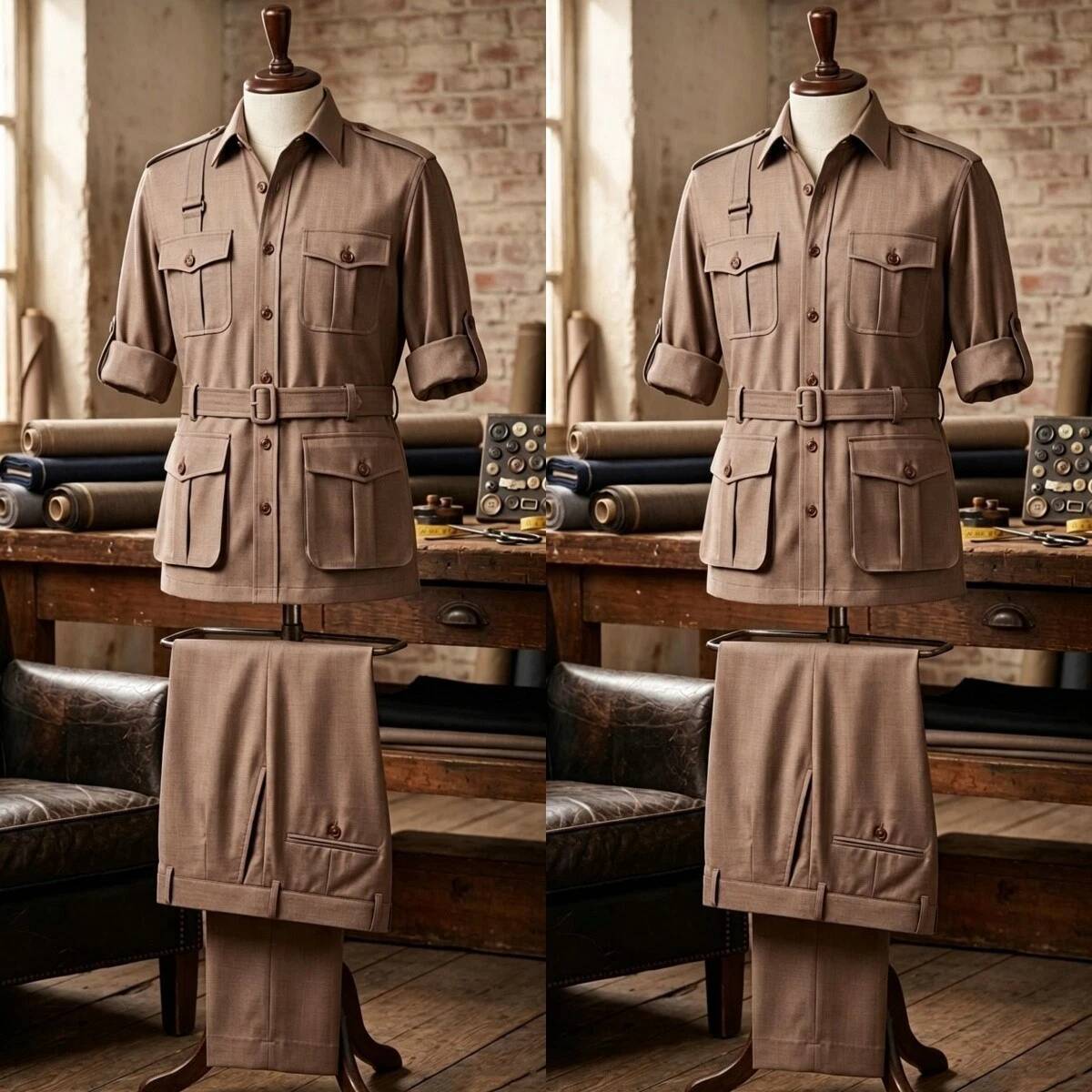 Safari Outdoor Hunting Jackets - Conjunto de Safari Masculino em Caqui